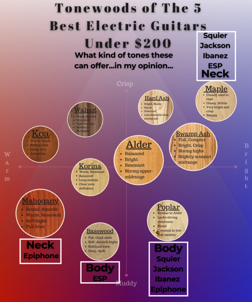 compares the Tonewoods of 5 best electric guitars under 200