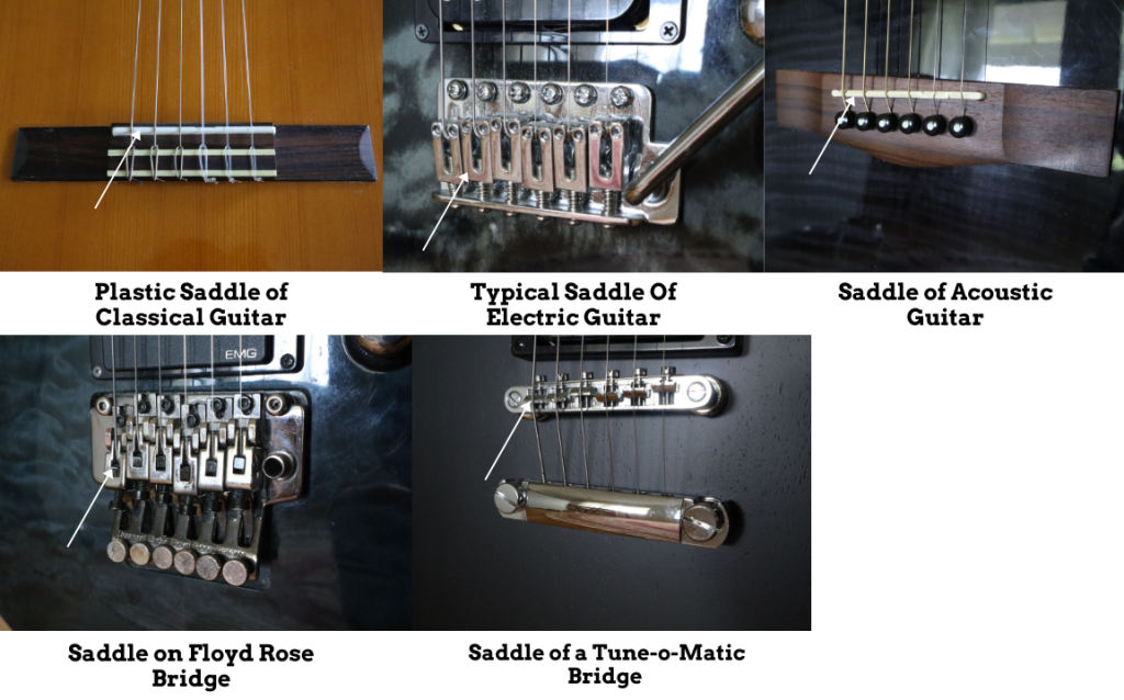 photo reveals different  types of guitar saddles