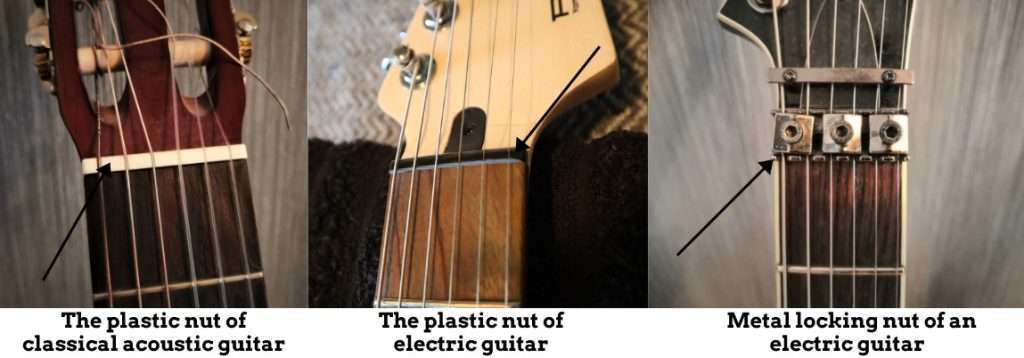 photo reveals what is a nut of guitar and what kinds of different nuts there are