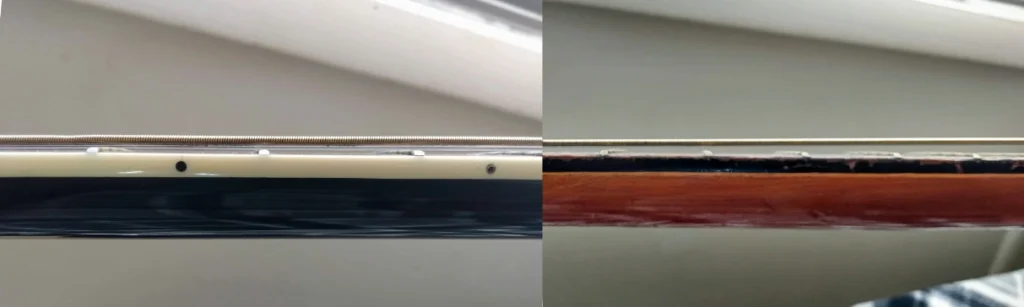 photo displays low vs high action on guitar