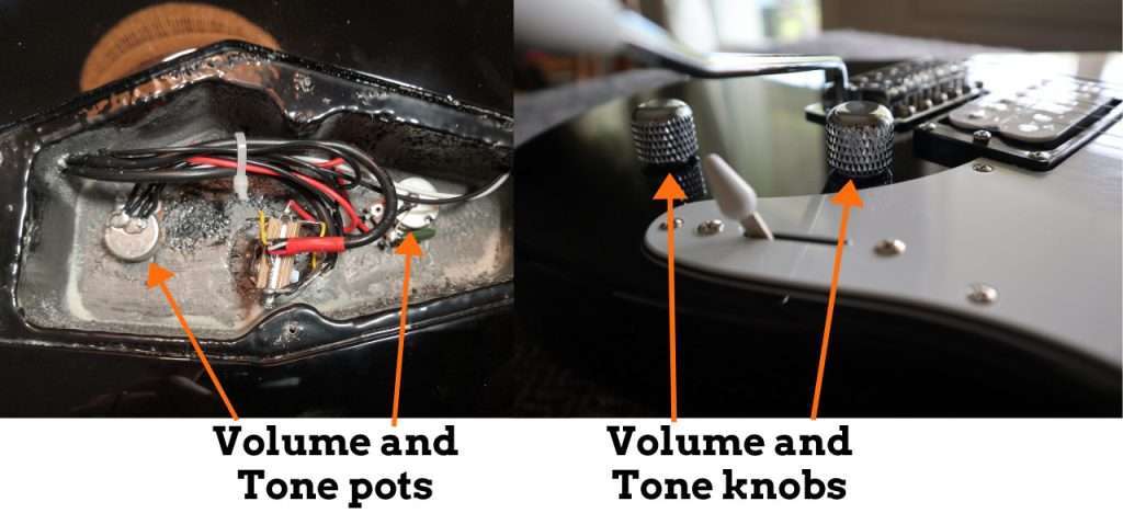 photo reveals what are tone and volume knobs and pots on a guitar