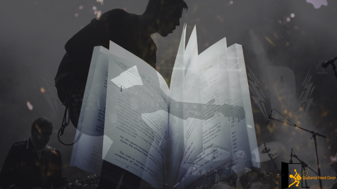 photo displays a guitar player and a book