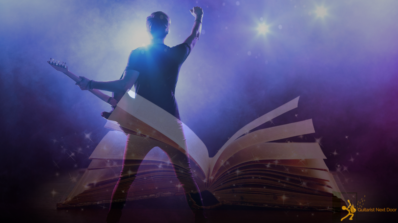 Photo displays a guitar player and book