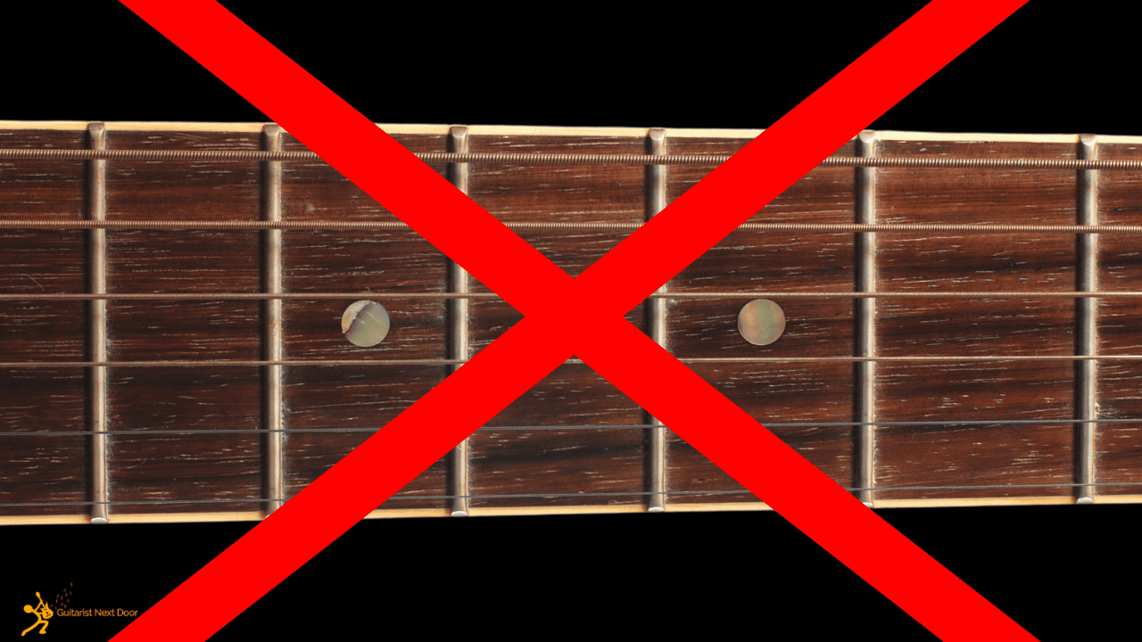 displays an electric guitar with traditional frets