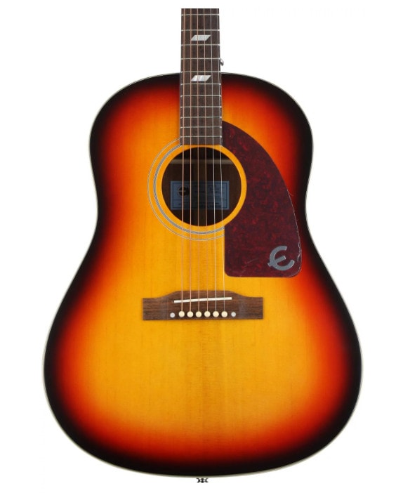 displays Epiphone Masterbilt Texan acoustic guitar