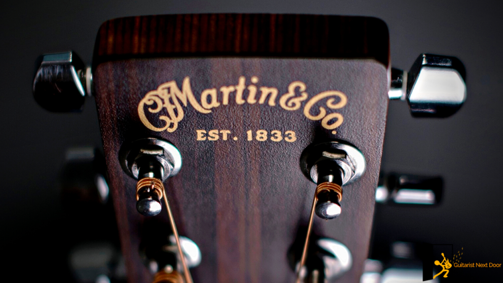 Displays a Martin guitar
