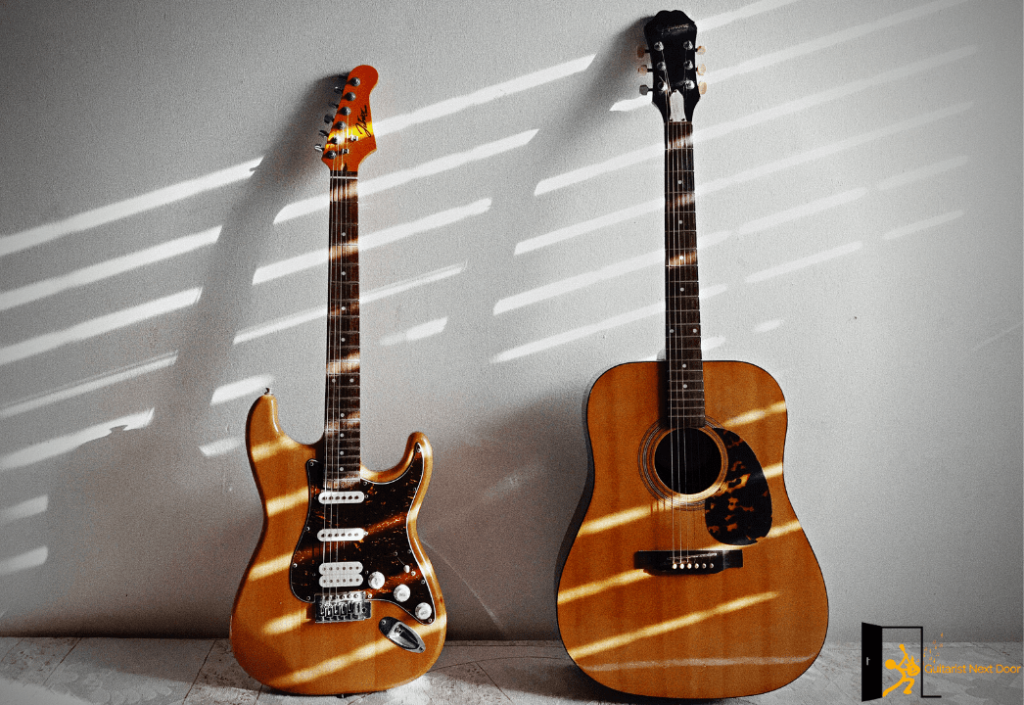 displays Electric guitar and Acoustic guitar