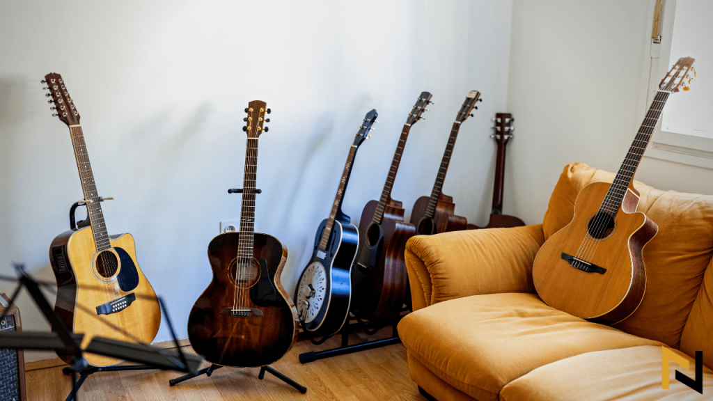 displays several acoustic guitars stored in different ways