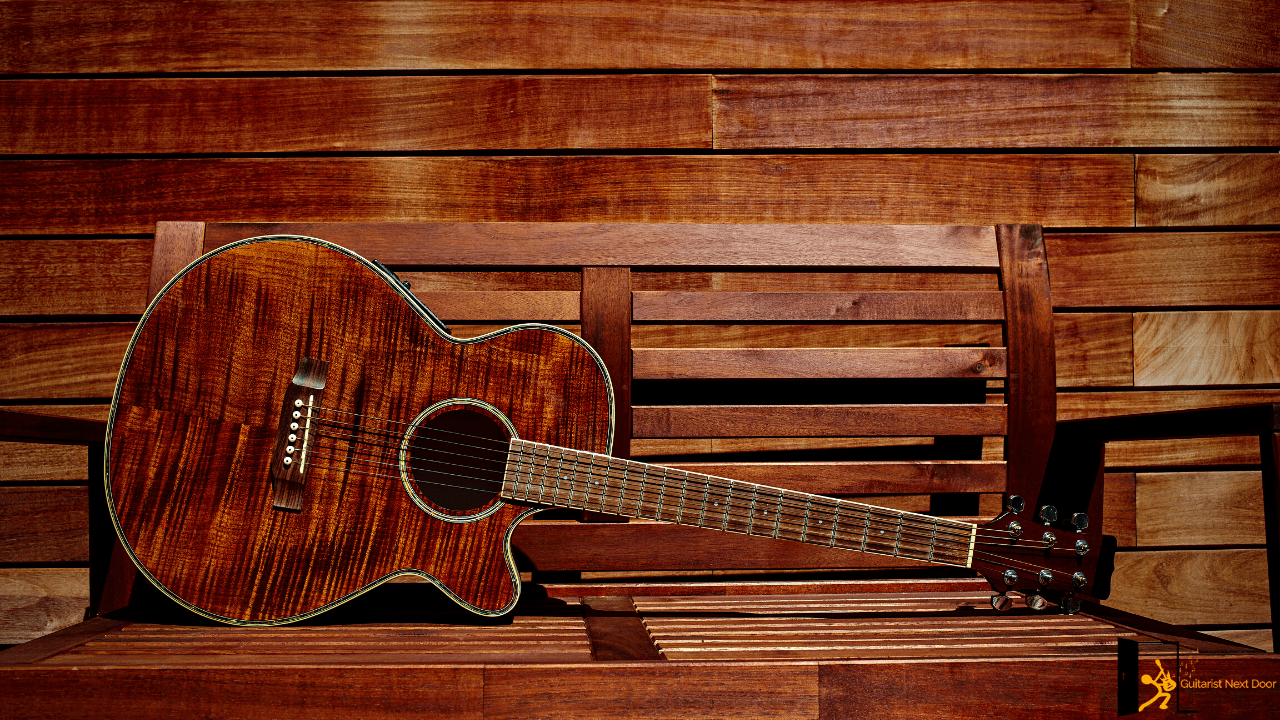displays a beautiful acoustic guitar