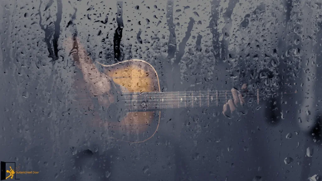 Displays a high humidity environment and acoustic guitar