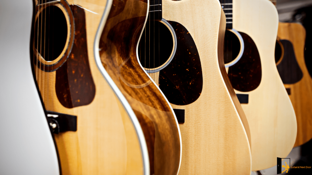 Displays Laminate and Solid Wood Acoustic Guitars