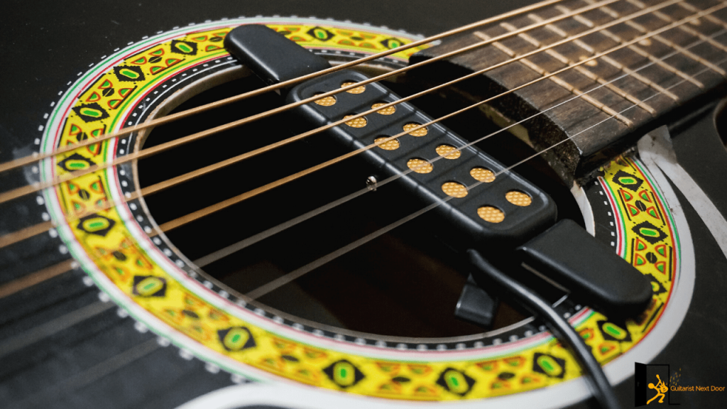 Displays magnetic pickup of an acoustic guitar