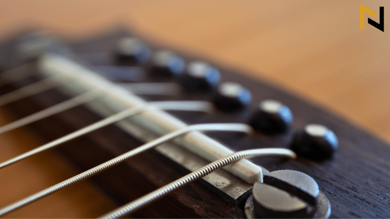 displays an acoustic guitar with adjustable bridge and saddle