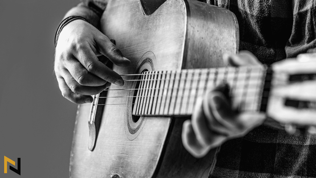 Displays old acoustic guitar