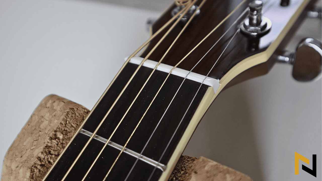 displays nut of an acoustic guitar