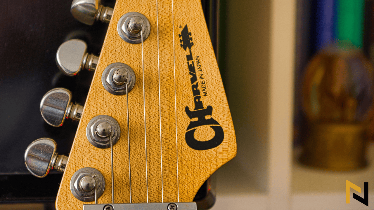 displays headstock of a charvel guitar