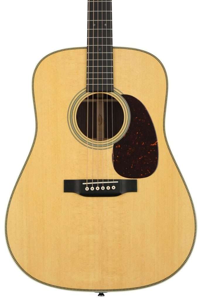 image of martin hd-28e acoustic-electric guitar featuring a solid spruce top