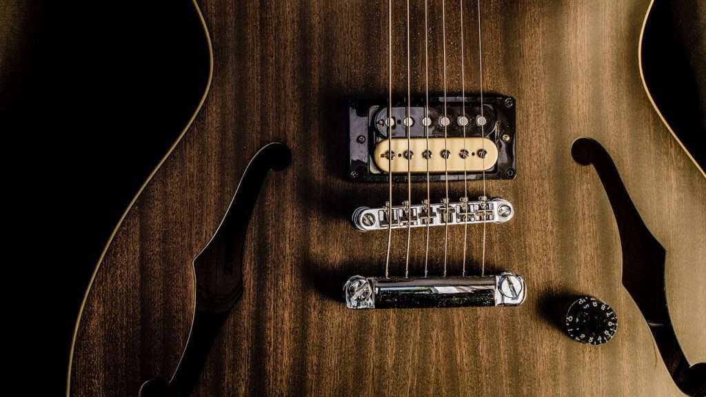 image showing a close up of a semi hollowbody guitar with a walnut top