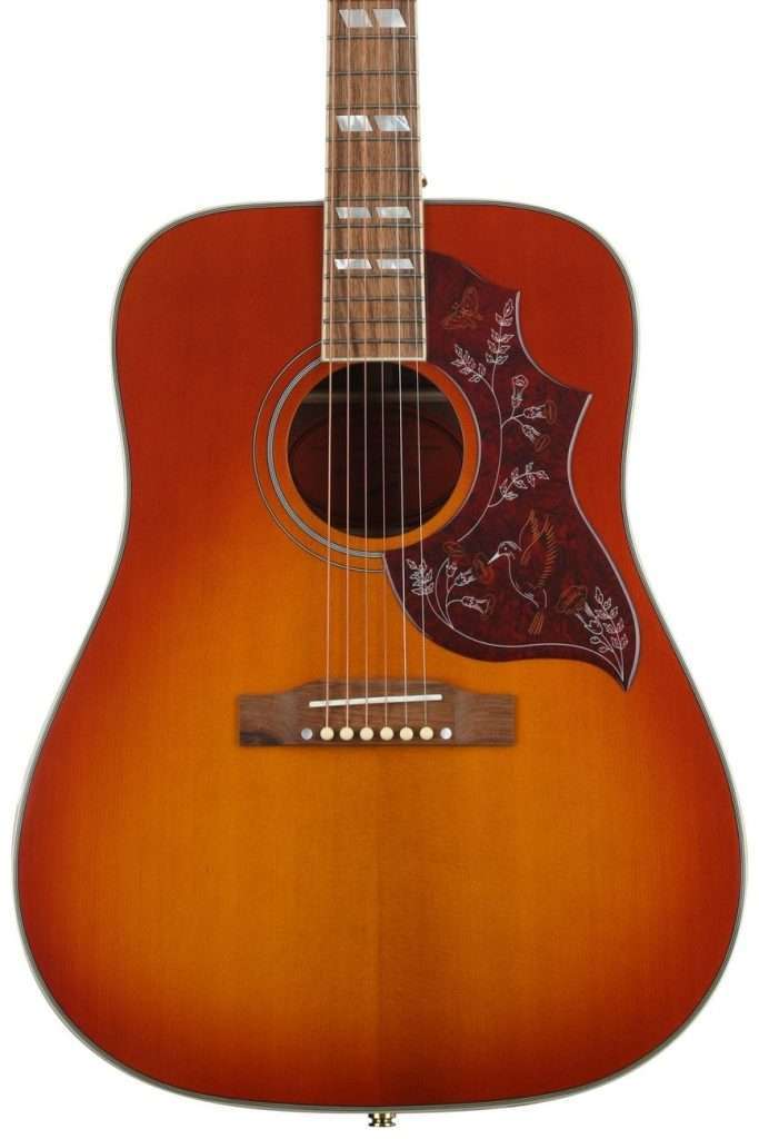 image showing Epiphone Hummingbird Dreadnought Acoustic Guitar finished in Aged Cherry Sunburst Gloss