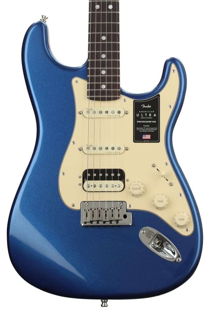 image showing Fender American Ultra Stratocaster HSS finished in Cobra Blue with Rosewood Fingerboard