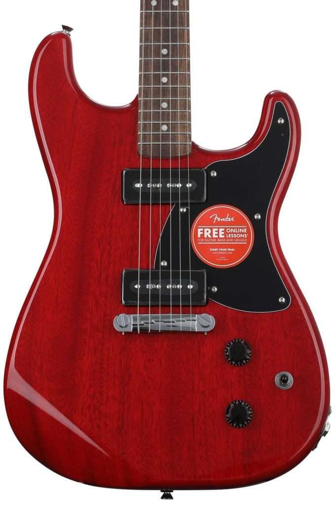 image showing Squier Paranormal Strat-O-Sonic Electric Guitar finished in Crimson Red Transparent