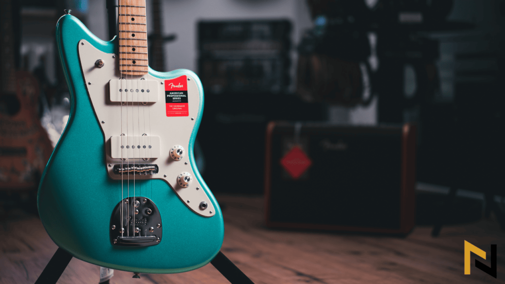 Displays Fender Guitar With Nitro Finish On A Guitar Stand