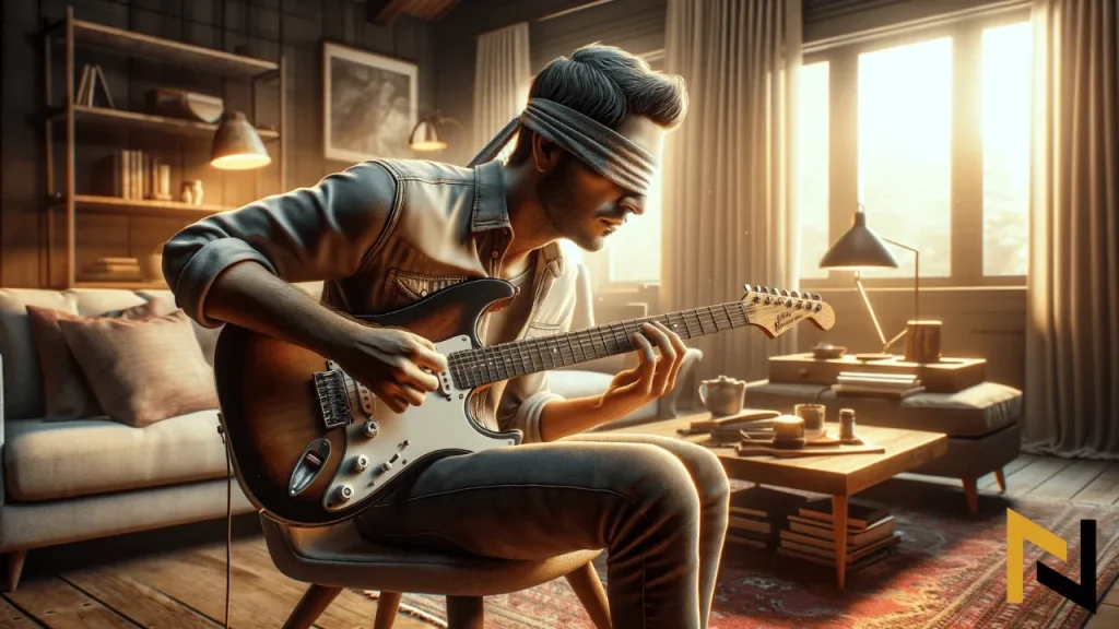 displays guitarist playing guitar blindfolded