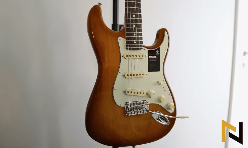 Displays Fender American Performer Stratocaster