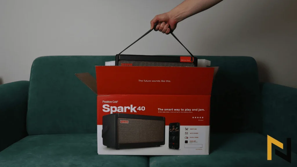 displays Positive Grid Spark lifted from the box