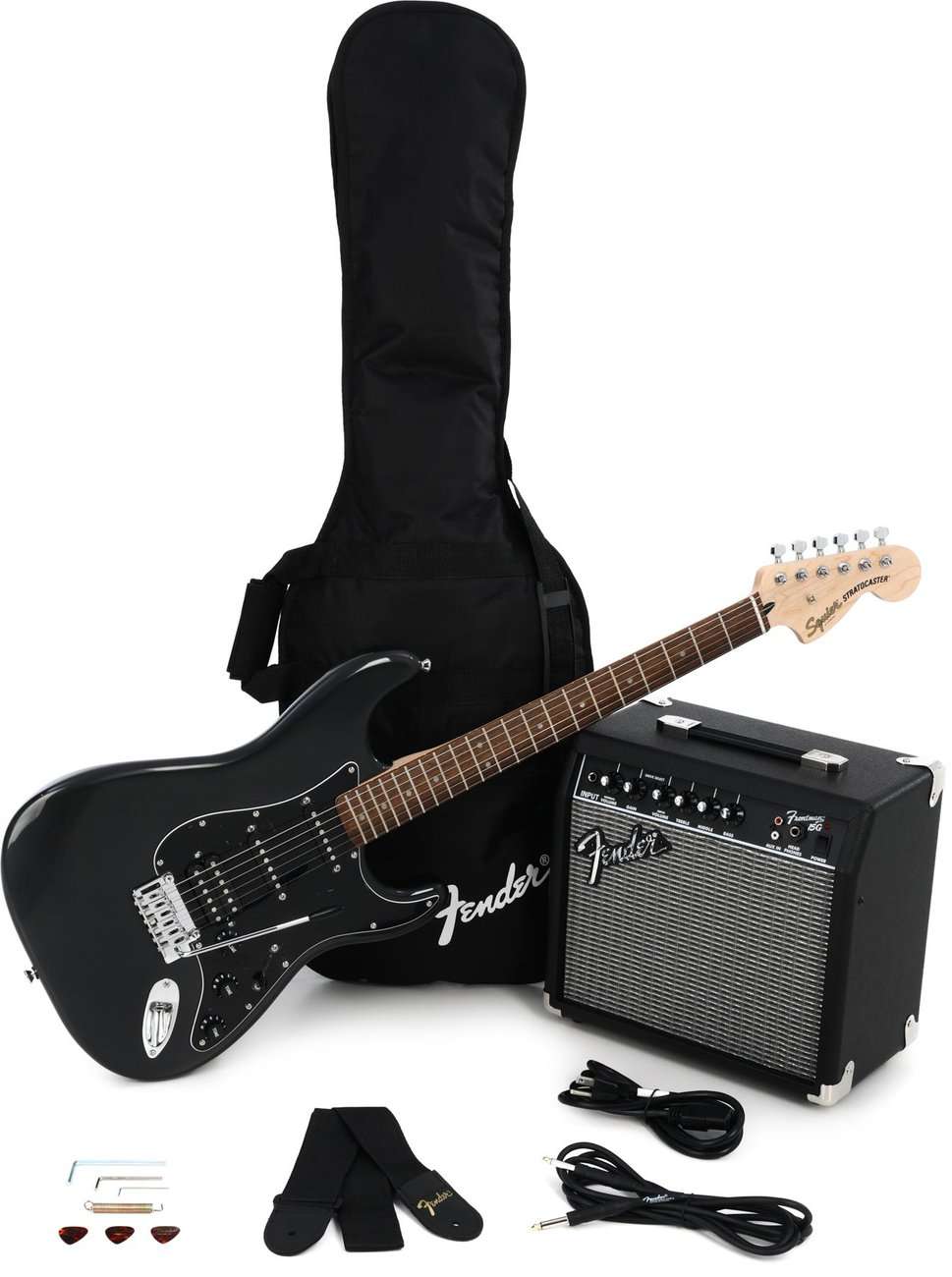 image shows Squier Affinity Series Stratocaster HSS Pack - Charcoal Frost Metallic with Laurel Fingerboard