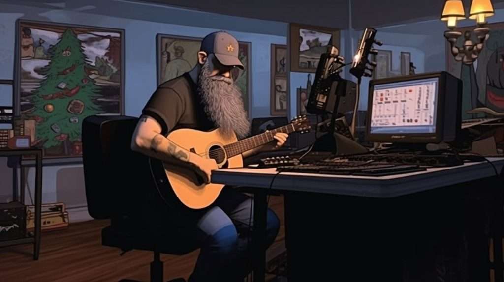 displays Cartoon style image of guitarist and writer DL Shepherd (Darren) 