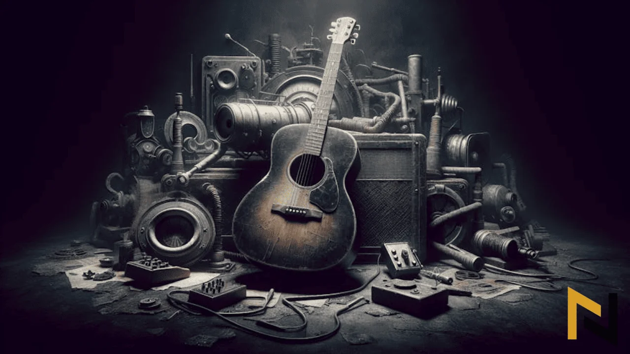 displays acoustic guitar perfect for playing blues