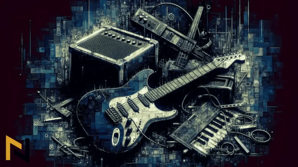 displays a blues guitar style electric guitar and amplifier