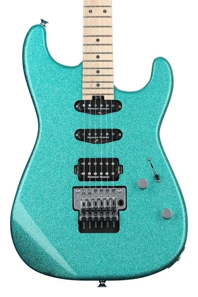 image shows Charvel Pro-Mod San Dimas Style 1 HSS FR M Electric Guitar finished in Aqua Flake