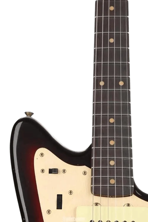 image shows neck of Fender Custom Shop '59 250K Jazzmaster Journeyman Relic Electric Guitar - Chocolate 3-color Sunburst