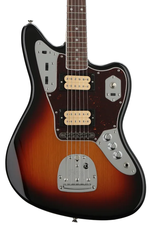 image shows Fender Kurt Cobain Jaguar Electric Guitar - 3-Tone Sunburst