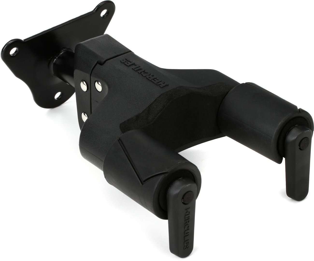 image shows Hercules Stands GSP39WB PLUS Short Arm Steel Base Wall Mount Guitar Hanger with Auto Grip System