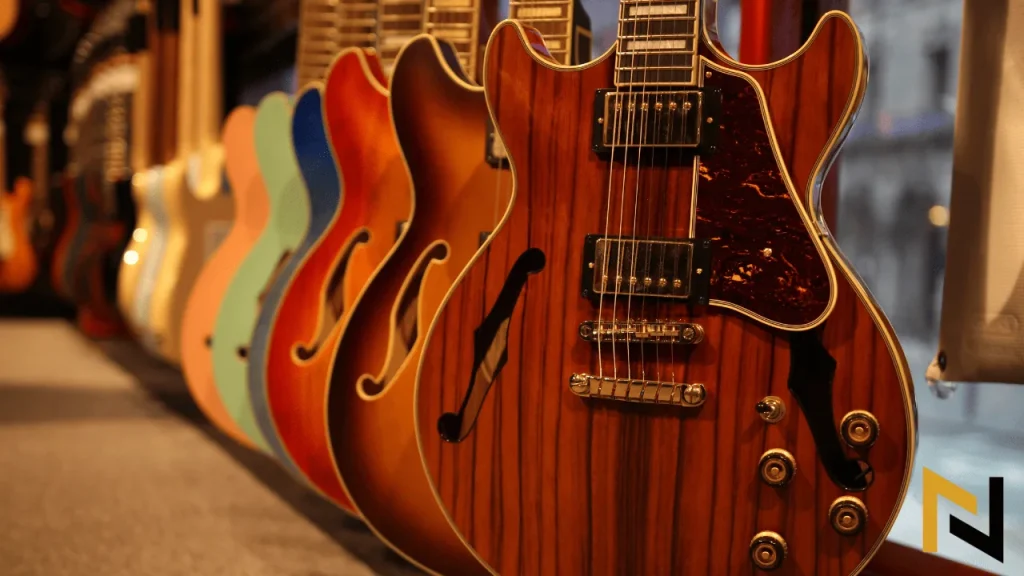 displays different electric guitars