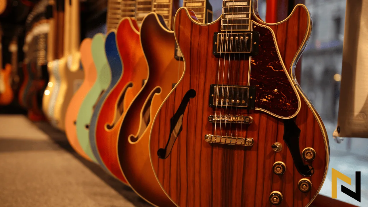 displays different electric guitars