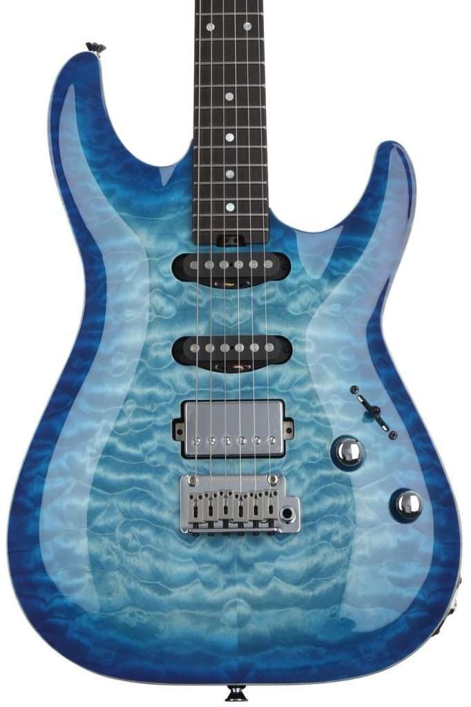 image shows Schecter California Classic Solidbody Electric Guitar finished in Trans Sky Burst