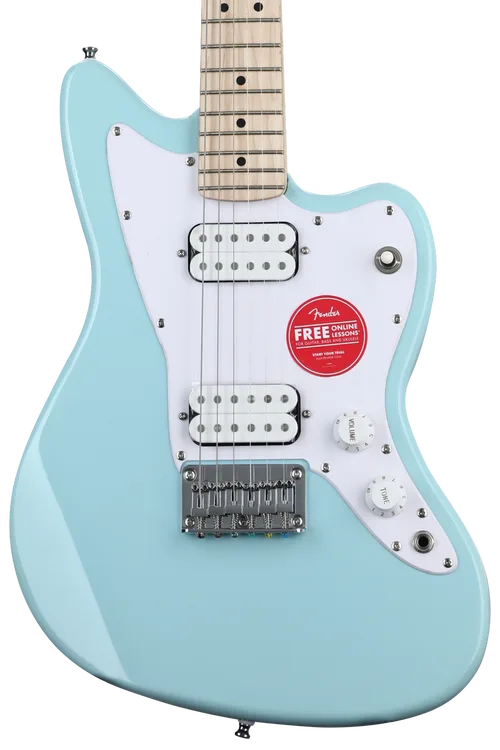 image show Squier Mini Jazzmaster HH Electric Guitar finished in Daphne Blue with Maple Fingerboard
