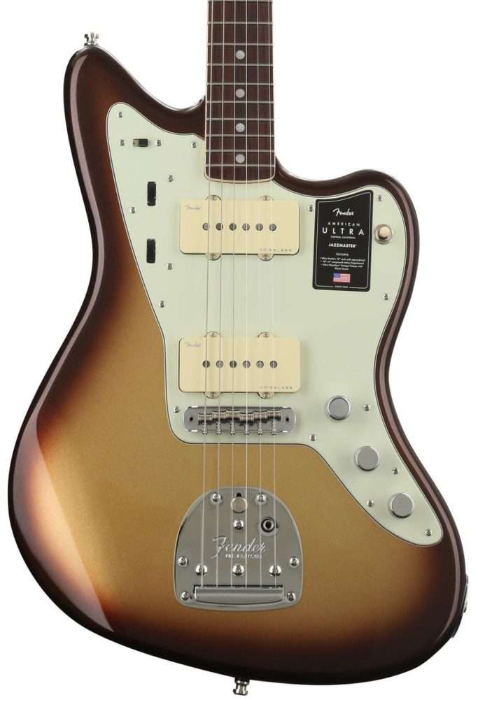 image shows Fender American Ultra Jazzmaster finished in Mocha Burst with Rosewood Fingerboard