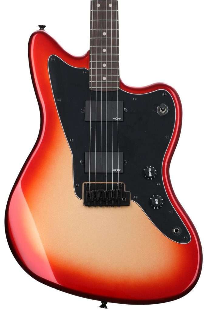 image shows Squier Contemporary Active Jazzmaster HH Electric Guitar in Sunset Metallic