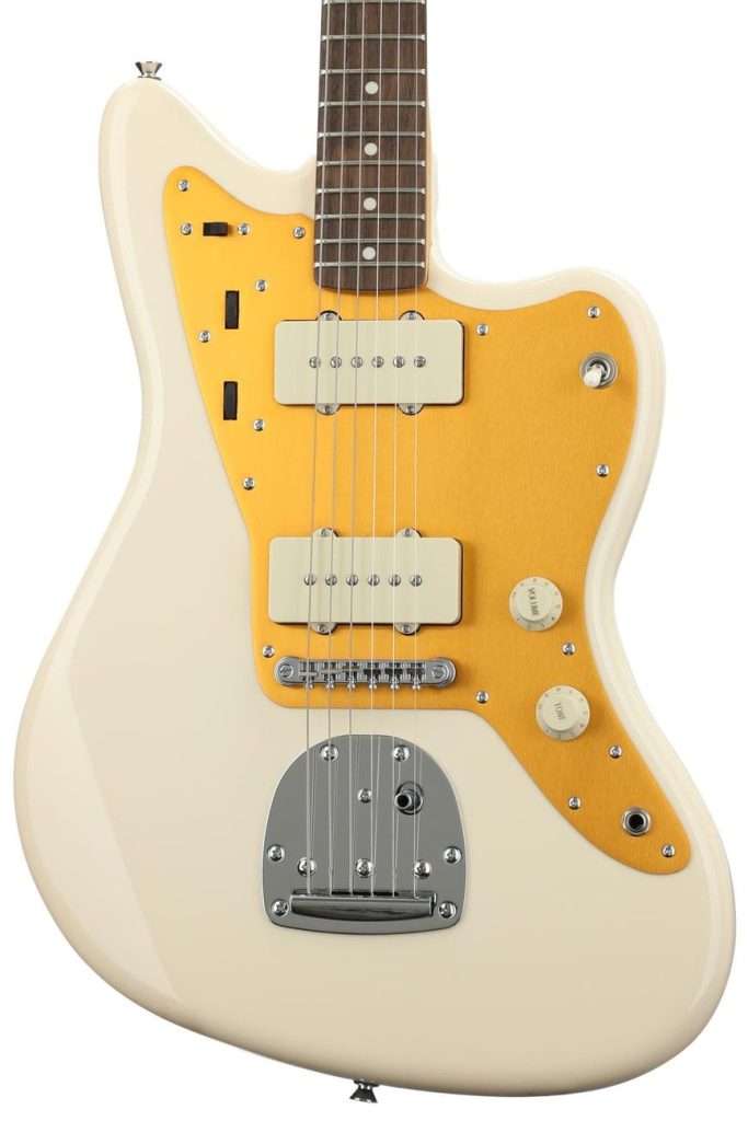 image shows Squier J Mascis Signature Jazzmaster finished in Vintage White with Indian Laurel Fingerboard