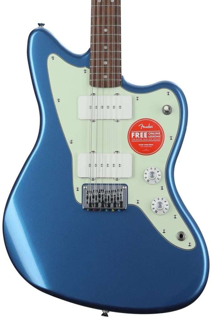 image shows Squier Paranormal Jazzmaster XII 12-string Electric Guitar finished in Lake Placid Blue